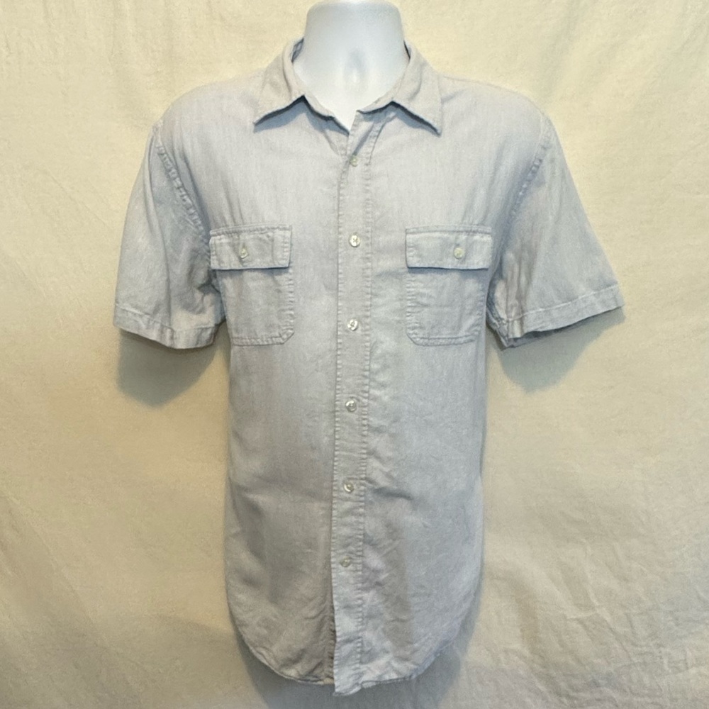 C-156 Gap Light Blue Linen Blend Short Sleeve Casual Button Down Shirt Size L